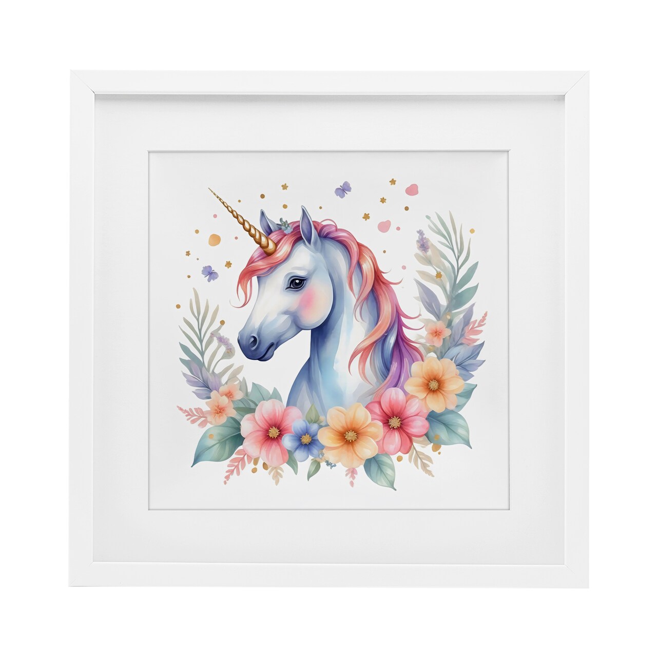 Stupell Industries Colorful Unicorn with Flowers Framed Print Under Glass, design by Creative Studio